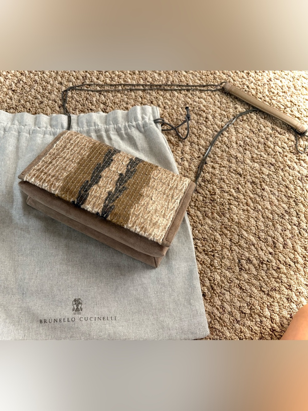 Brunello Cucinelli Taupe and Beige Textured Suede Crossbody- very classy!!!